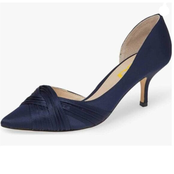 FSJ Navy Kitten Heels Pointed Toe Slip on Pumps D'Orsay Pleated Satin Shoes - Picture 1 of 8